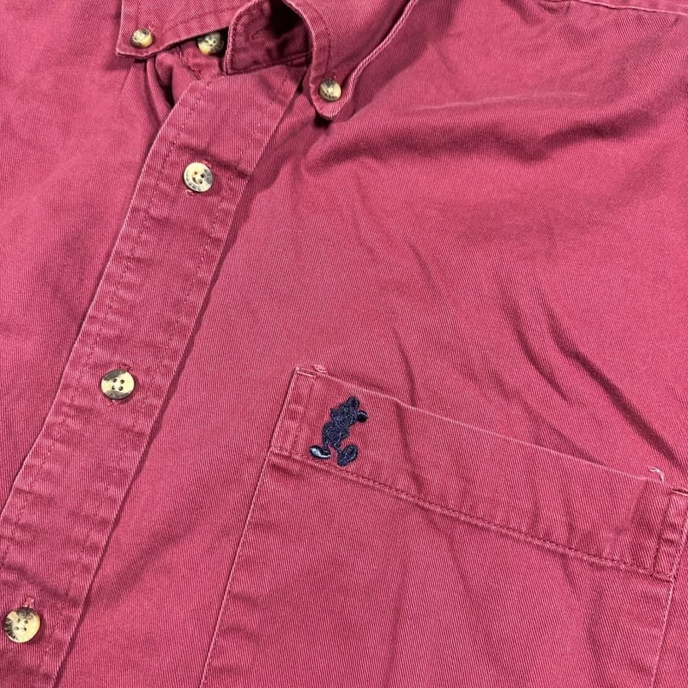 VTG 90s Disneyland Resort Mens XL Mickey Mouse Maroon Cotton Twill Button Shirt - Picture 3 of 6